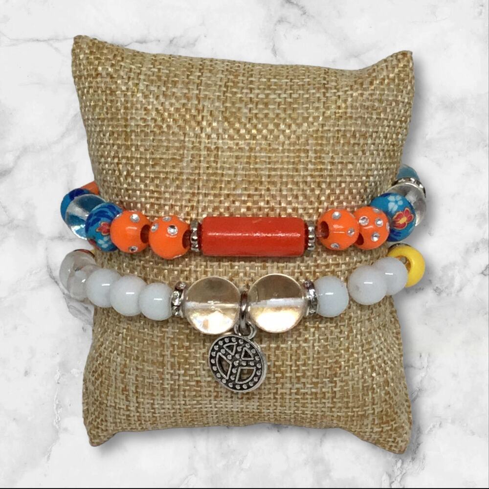 Glass Stretch Sporty Boho Beachy Bracelet Blue & Orange Set Glass Beads Unique - Picture 2 of 4